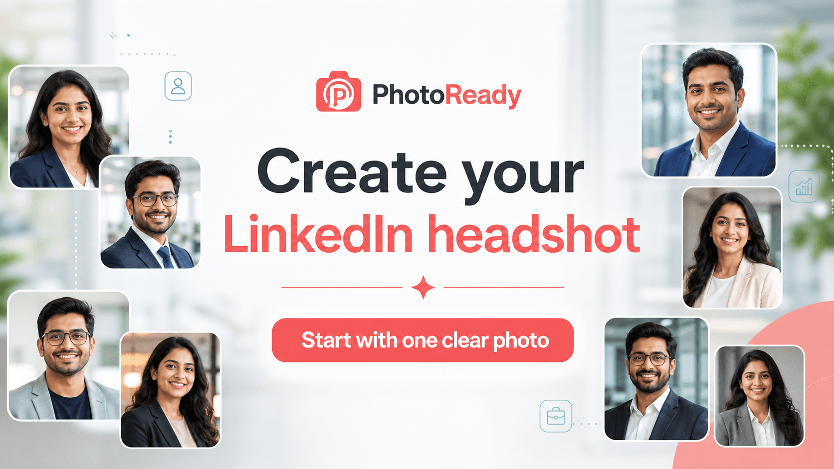 PhotoReady LinkedIn headshot generator showing professional AI profile photo examples.