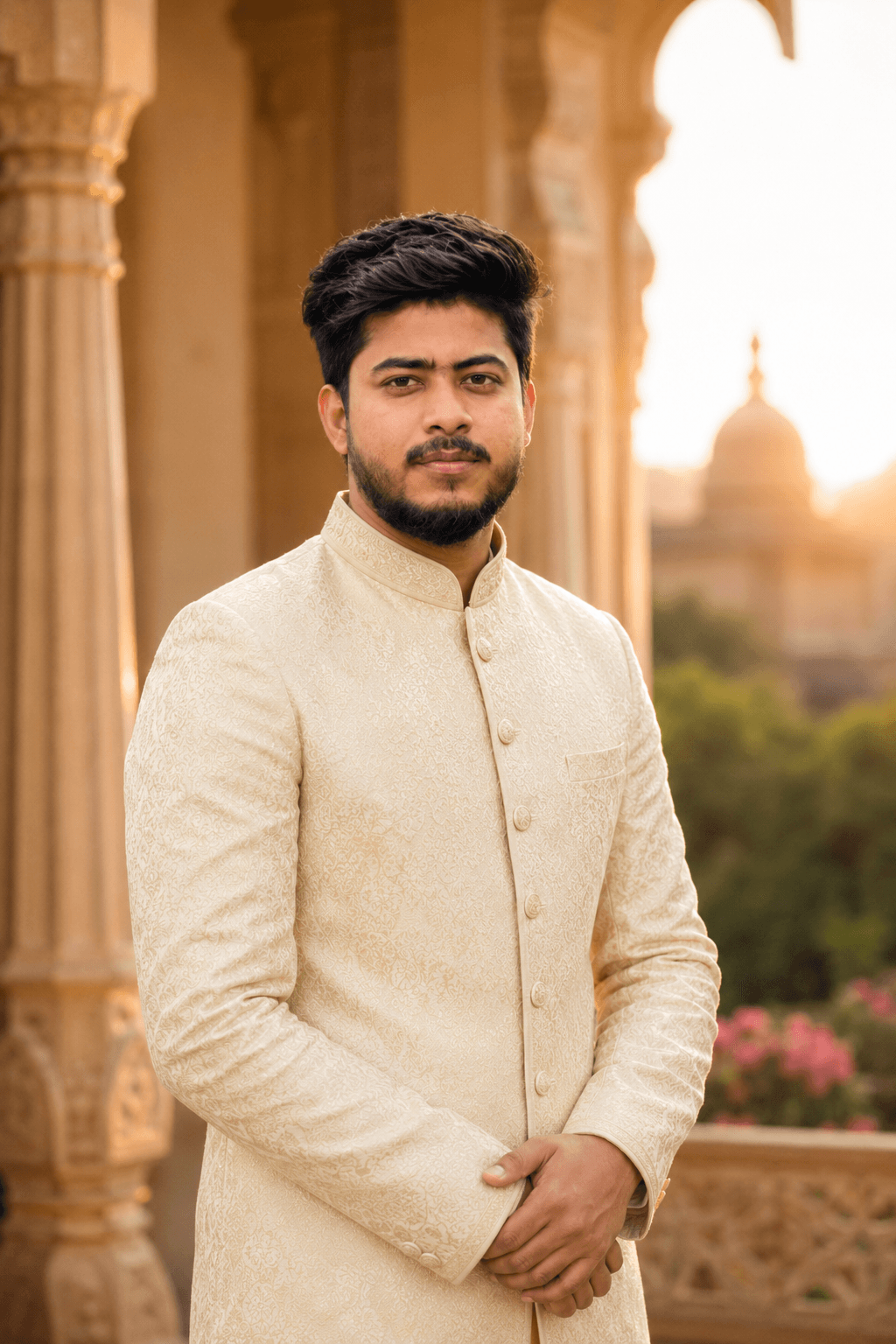 PhotoReady prompt preview for luxury beige sherwani on photoready.kaamkardo.com