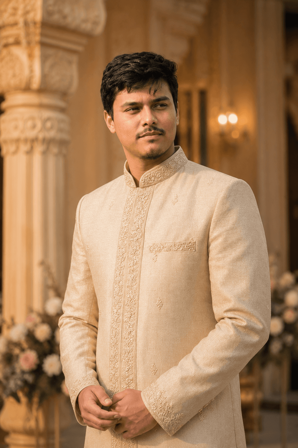 PhotoReady prompt preview for premium cream-gold silk sherwani headshot on photoready.kaamkardo.com