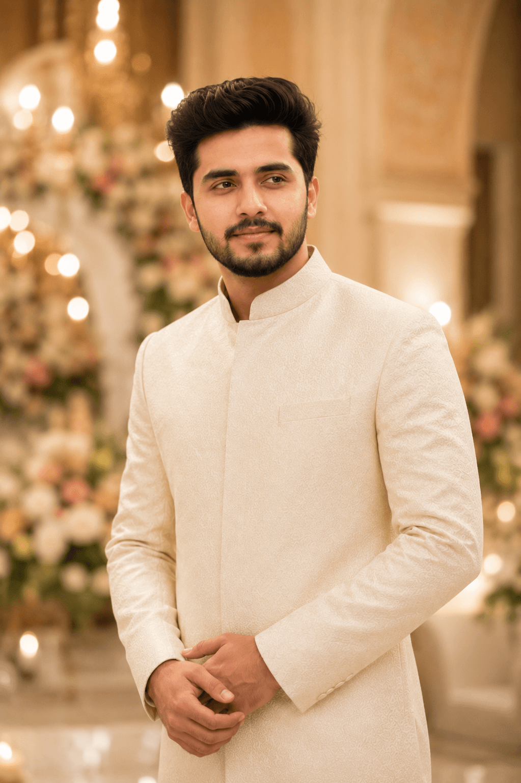 PhotoReady prompt preview for luxury ivory sherwani headshot for marriage on photoready.kaamkardo.com