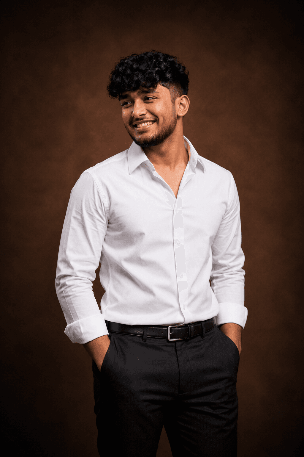 PhotoReady prompt preview for Warm Brown Backgroung earing white shirt headshot on photoready.kaamkardo.com