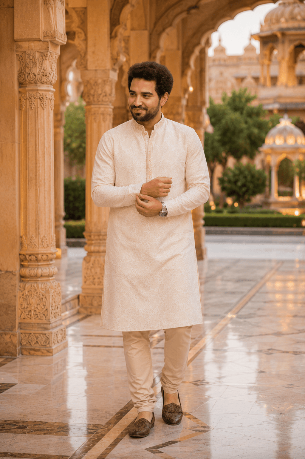 PhotoReady prompt preview for Luxury ivory embroidered kurta paired with beige churidar headshot on photoready.kaamkardo.com