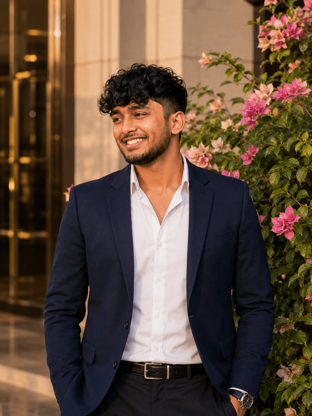PhotoReady prompt preview for Blue Blazer headshot infront of luxury hotel gate on photoready.kaamkardo.com