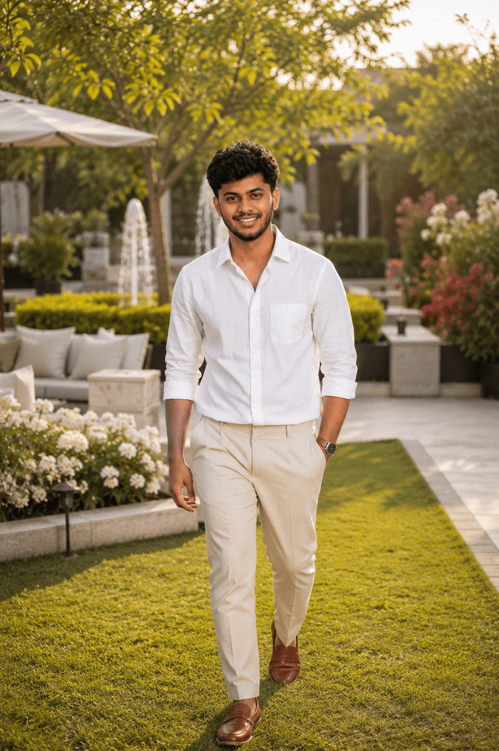 PhotoReady prompt preview for Garden headshot with white shirt on photoready.kaamkardo.com