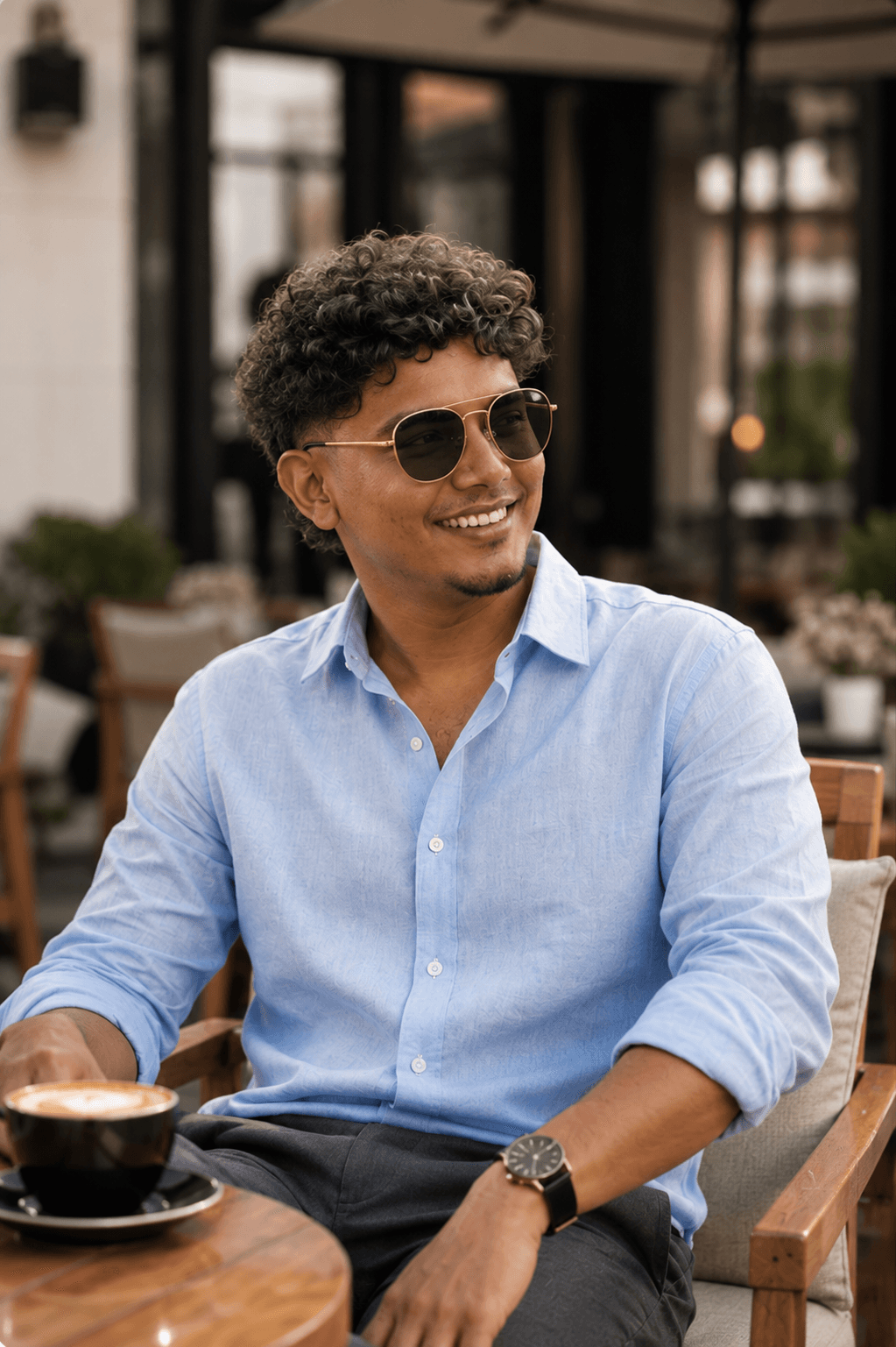 PhotoReady prompt preview for Sittting Headshot with Sky blue shirt on photoready.kaamkardo.com