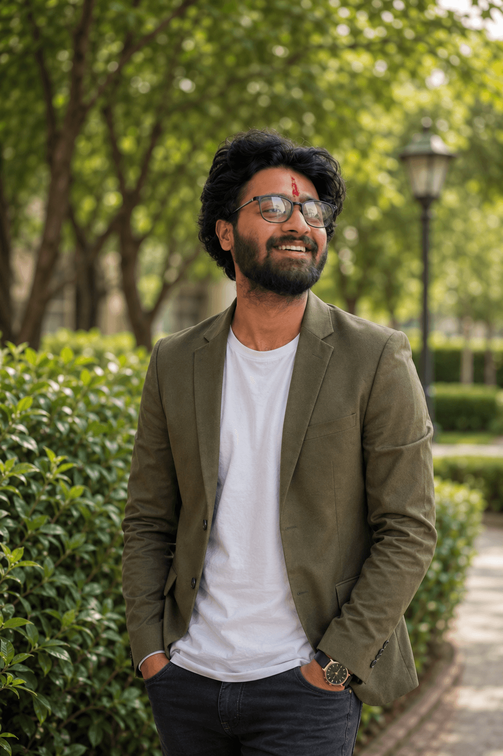 PhotoReady prompt preview for Green Park Walkway Headshot with glasses on photoready.kaamkardo.com