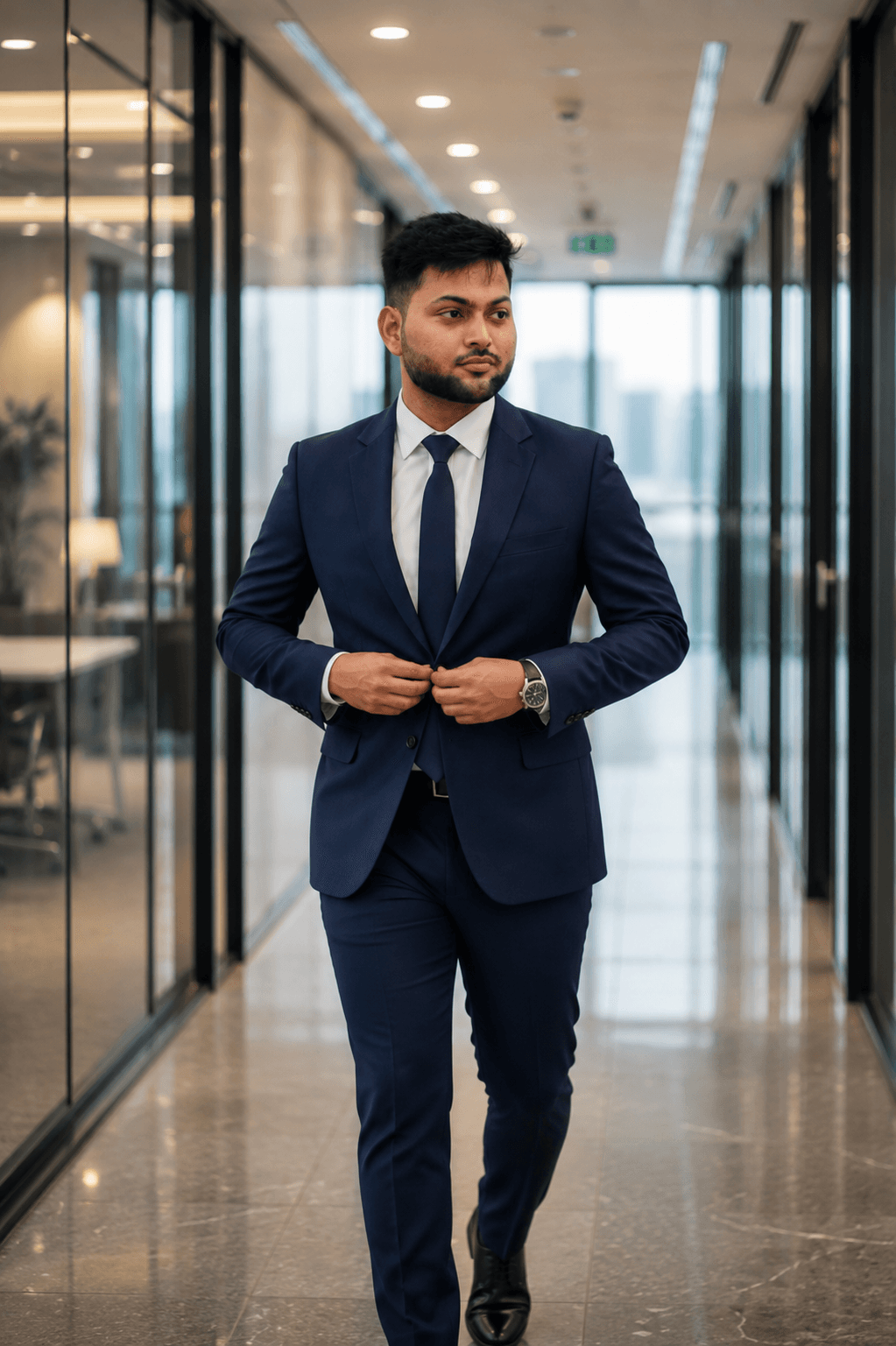 Professional LinkedIn headshot of a business professional in the Navy Business Suit Executive style, generated with PhotoReady AI.