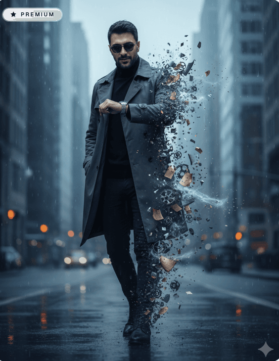 PhotoReady prompt preview for Cinematic Disintegration Walk on photoready.kaamkardo.com
