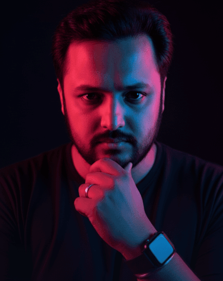 PhotoReady prompt preview for A Man with a beard, illuminated by dramatic dual-colored lighting. on photoready.kaamkardo.com
