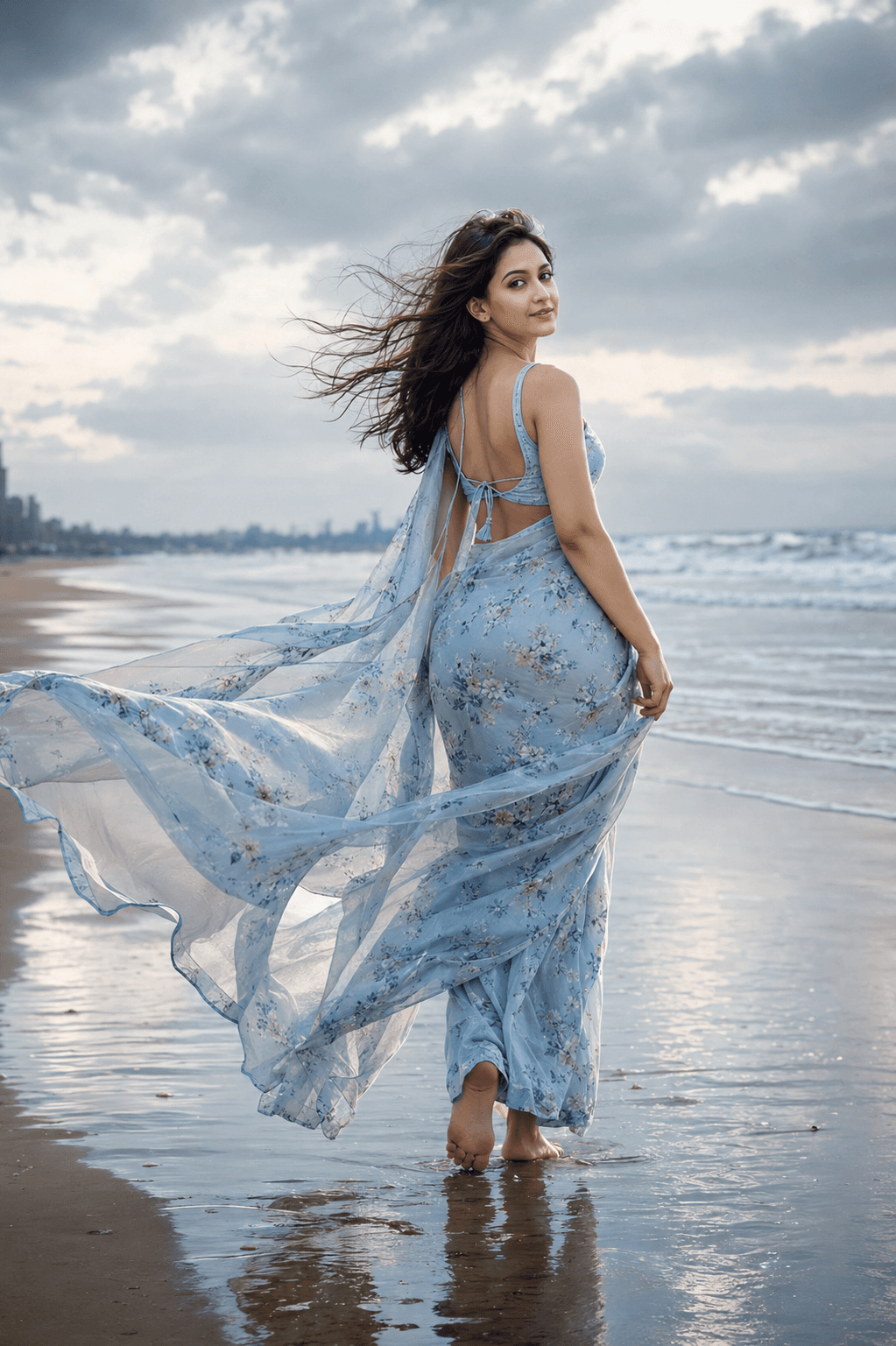 PhotoReady prompt preview for Monsoon Saree Beach Portrait on photoready.kaamkardo.com