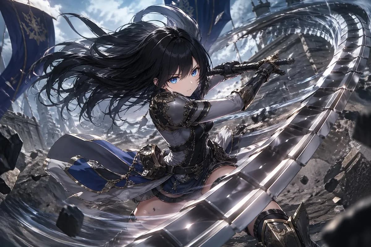 Silver-Haired Anime Warrior Fantasy Battle Stance AI photo prompt example on PhotoReady
