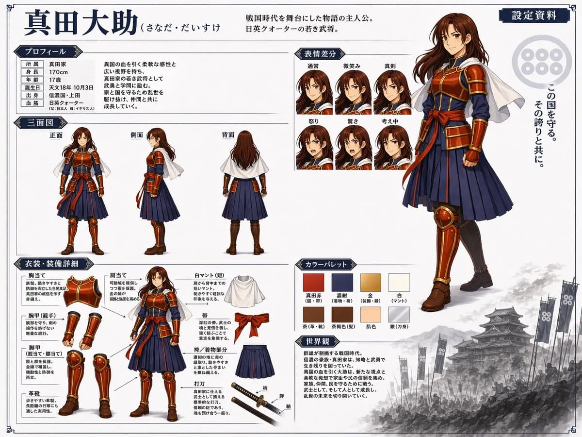Samurai Commander Anime Character Reference Sheet AI photo prompt example on PhotoReady