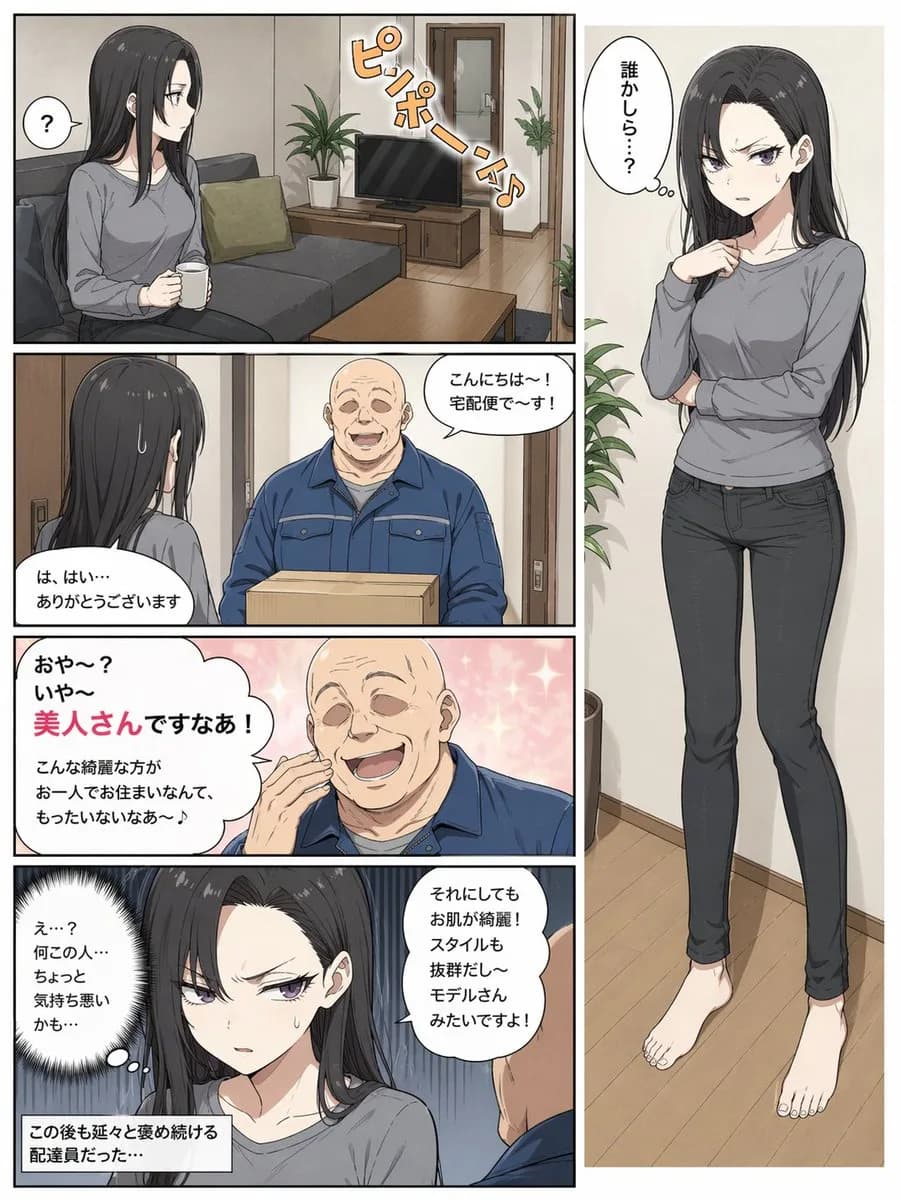 Suspicious Delivery Man Four-Panel Manga Page AI photo prompt example on PhotoReady