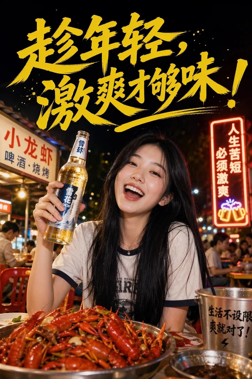 Night Market Crawfish and Beer Lifestyle Poster AI photo prompt example on PhotoReady