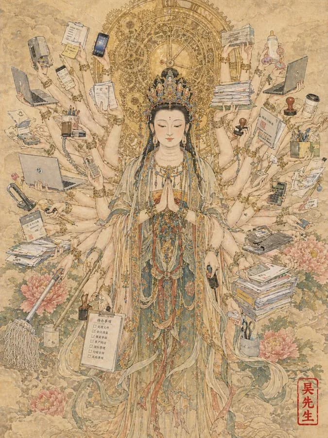 Modern Working Life Thousand-Hand Guanyin AI photo prompt example on PhotoReady