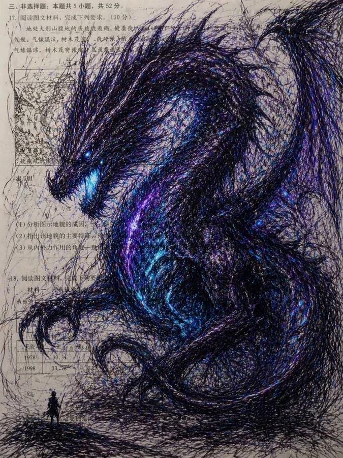 Ballpoint Scribble Colossal Dragon on Exam Sheet AI photo prompt example on PhotoReady