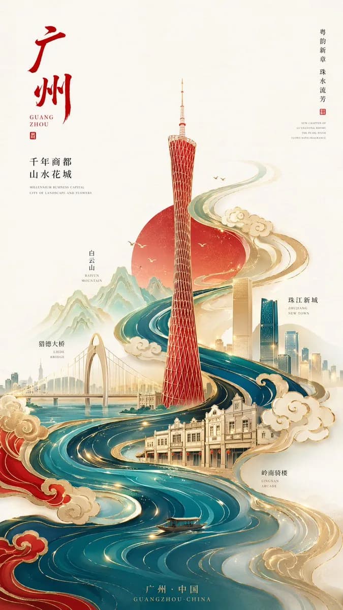 Minimalist Gold Foil Canton Tower City Poster AI photo prompt example on PhotoReady