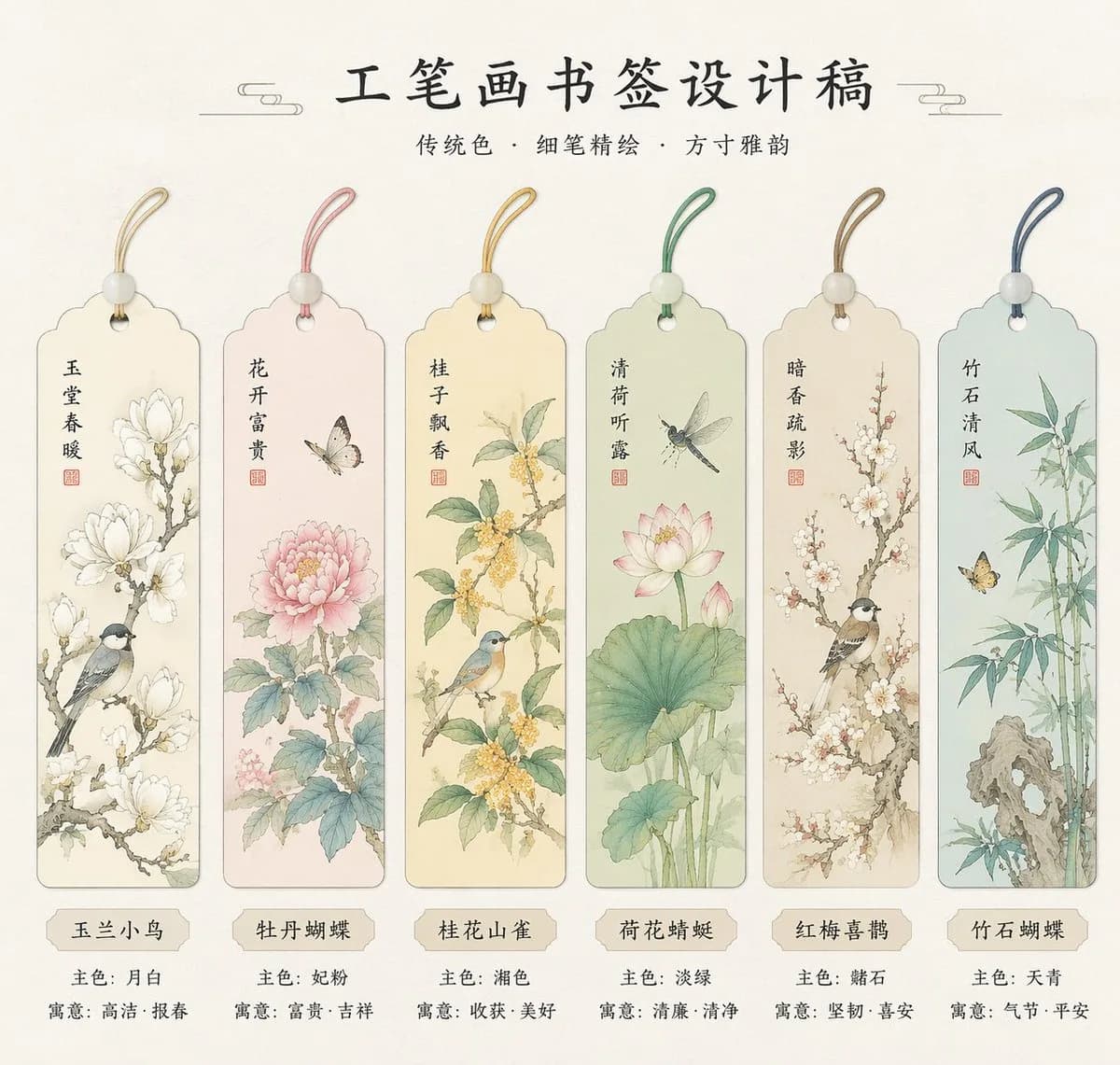 Classical Gongbi Floral and Bird Bookmark Suite AI photo prompt example on PhotoReady