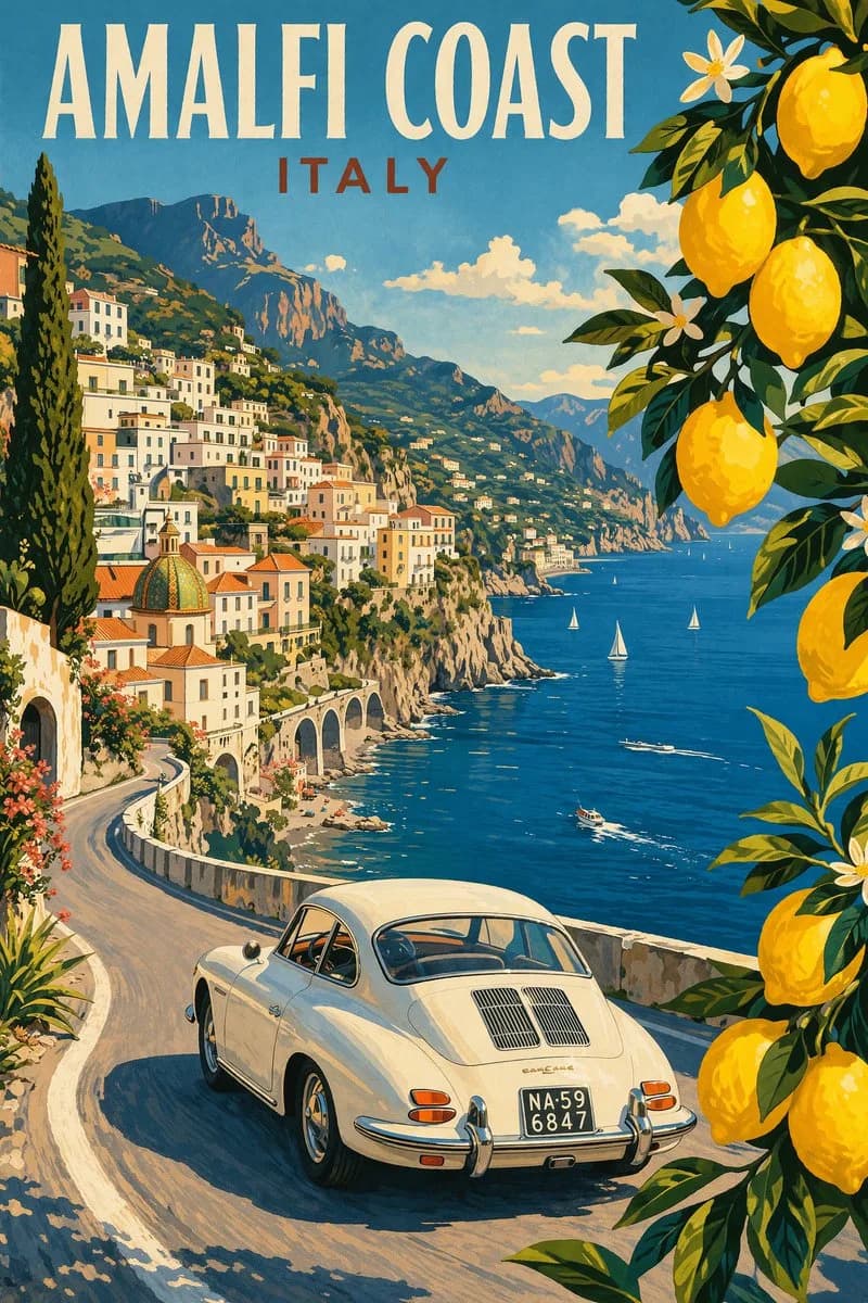 Amalfi Coast Vintage Travel Poster Illustration AI photo prompt example on PhotoReady