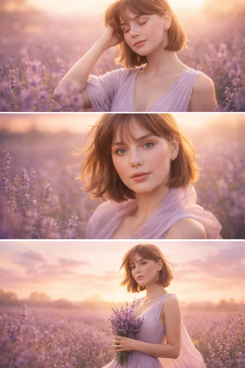 Sunrise Lavender Field Triptych Portrait AI photo prompt example on PhotoReady