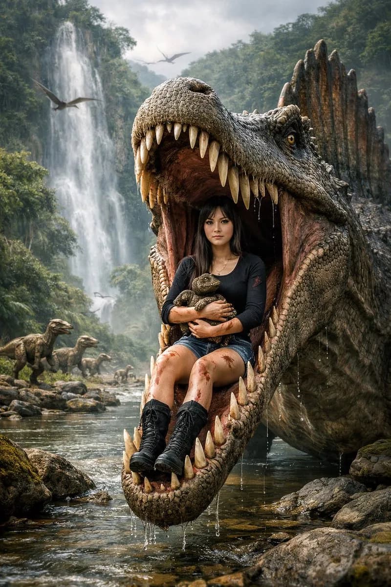 Fearless Girl Inside Spinosaurus Jaws AI photo prompt example on PhotoReady
