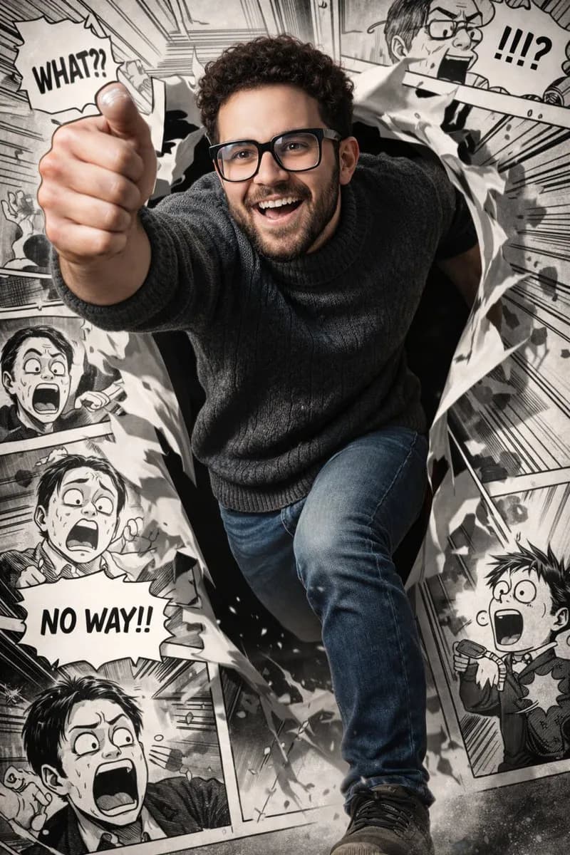 Photorealistic Runner Breaking Manga Panel AI photo prompt example on PhotoReady