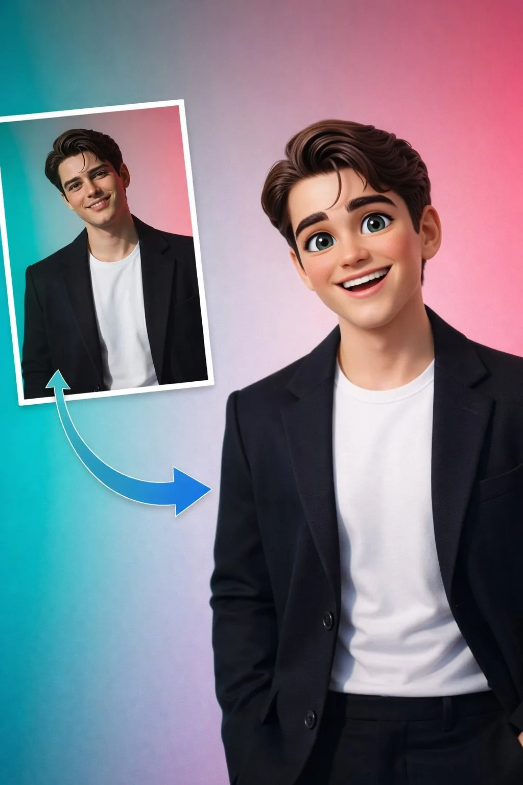 Stylized 3D Pixar Style Young Man Portrait AI photo prompt example on PhotoReady