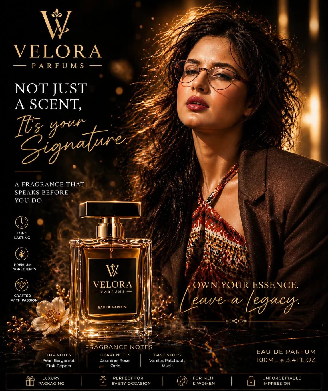 VELORA Luxury Perfume Advertisement Poster AI photo prompt example on PhotoReady