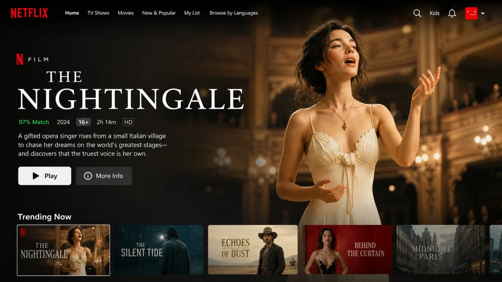 Netflix Homepage Main Visual UI Design AI photo prompt example on PhotoReady