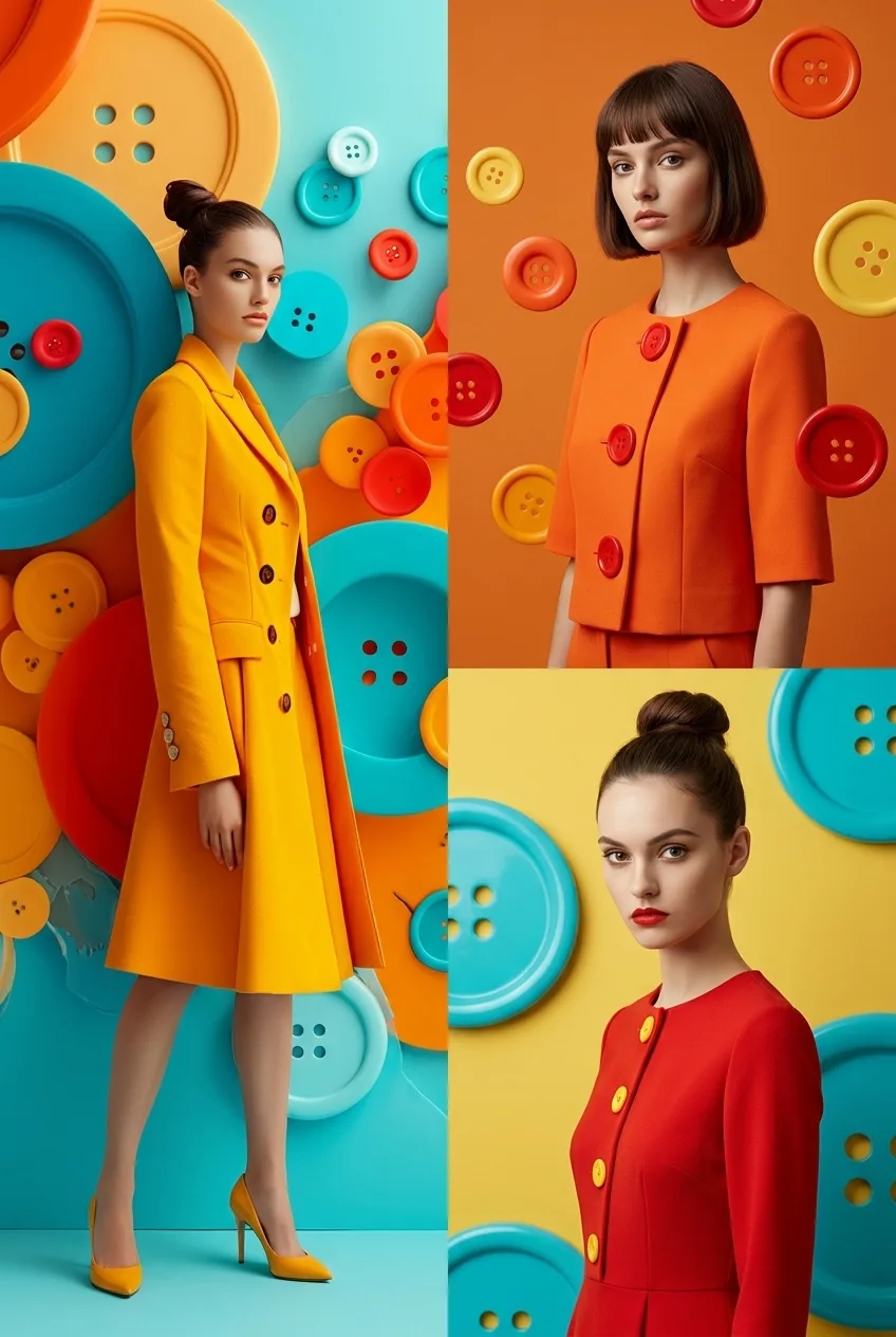 Vibrant Button-Inspired Fashion Campaign AI photo prompt example on PhotoReady