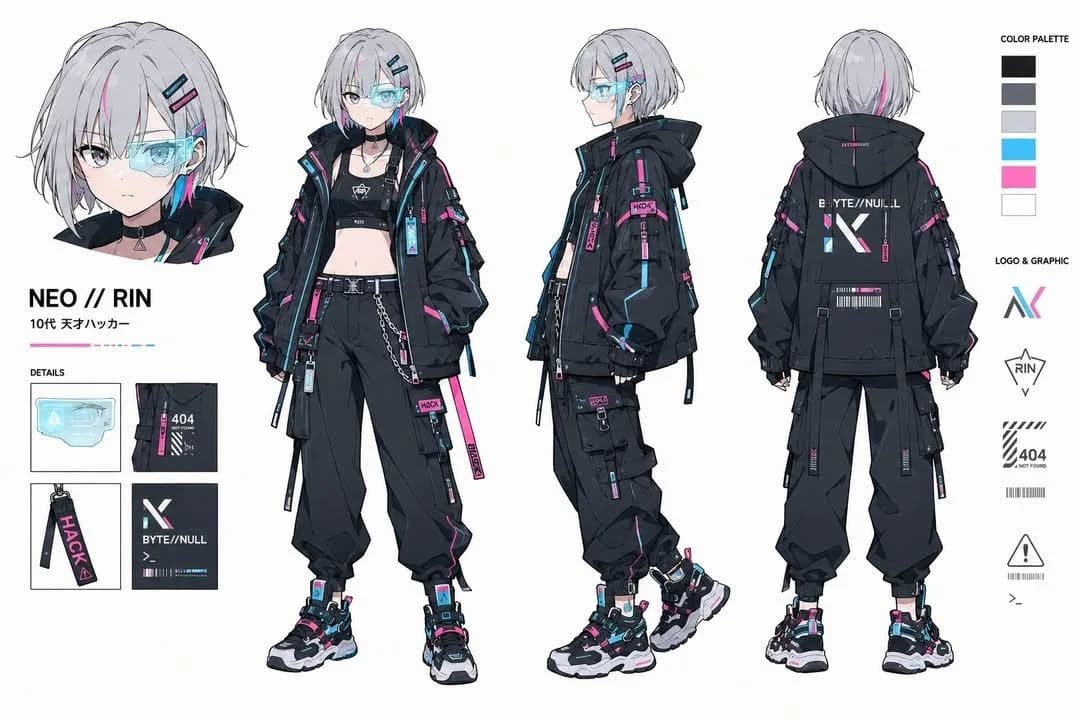 Ultra-Detailed Cyberpunk Character Design Sheet AI photo prompt example on PhotoReady