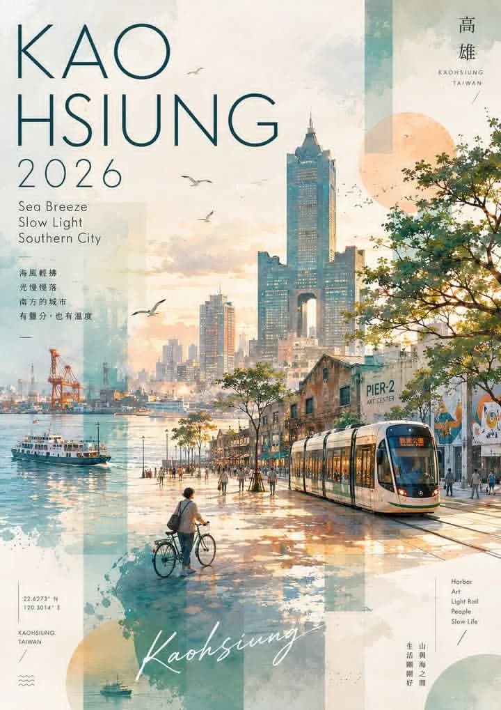 Kaohsiung Watercolor Collage Travel Poster AI photo prompt example on PhotoReady