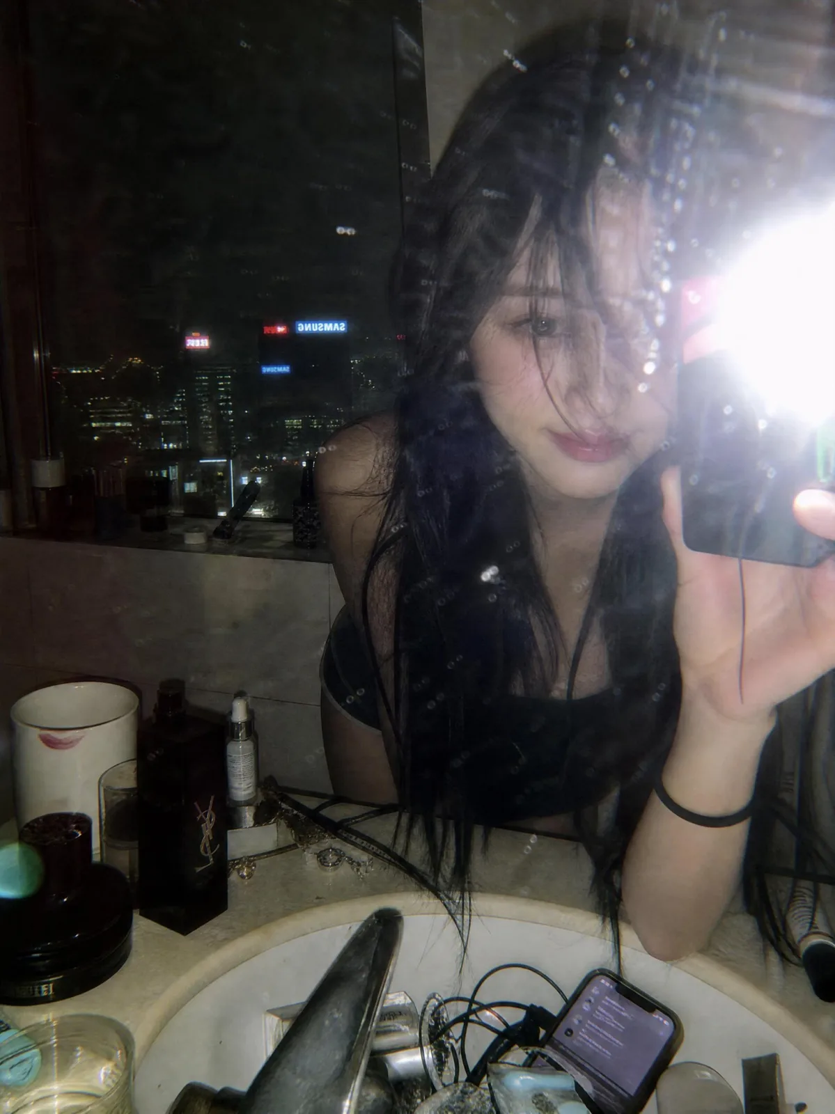 Y2K High-Rise Bathroom Mirror Selfie AI photo prompt example on PhotoReady