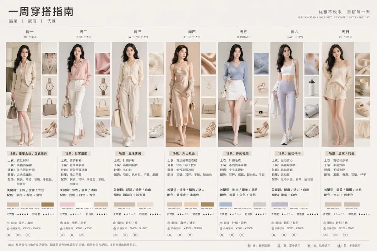 Seven-Day Womens Fashion Lookbook Infographic AI photo prompt example on PhotoReady