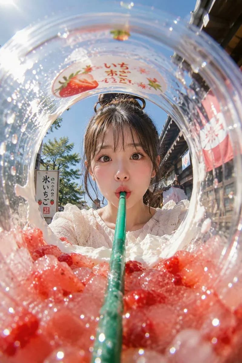 Summer Ice Drink Advertisement with Fish Eye Perspective AI photo prompt example on PhotoReady
