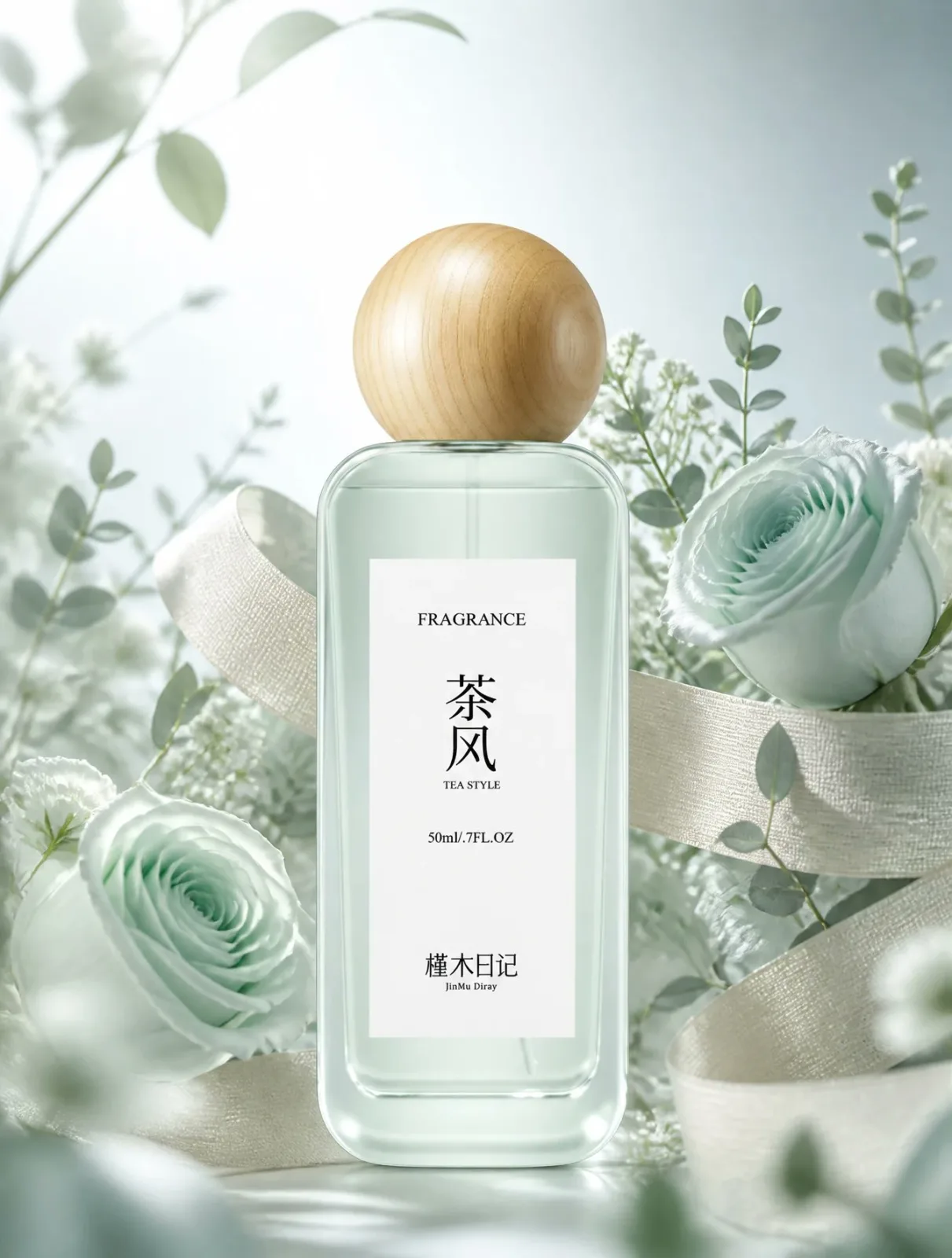 Mint Rose Perfume E-commerce Image AI photo prompt example on PhotoReady