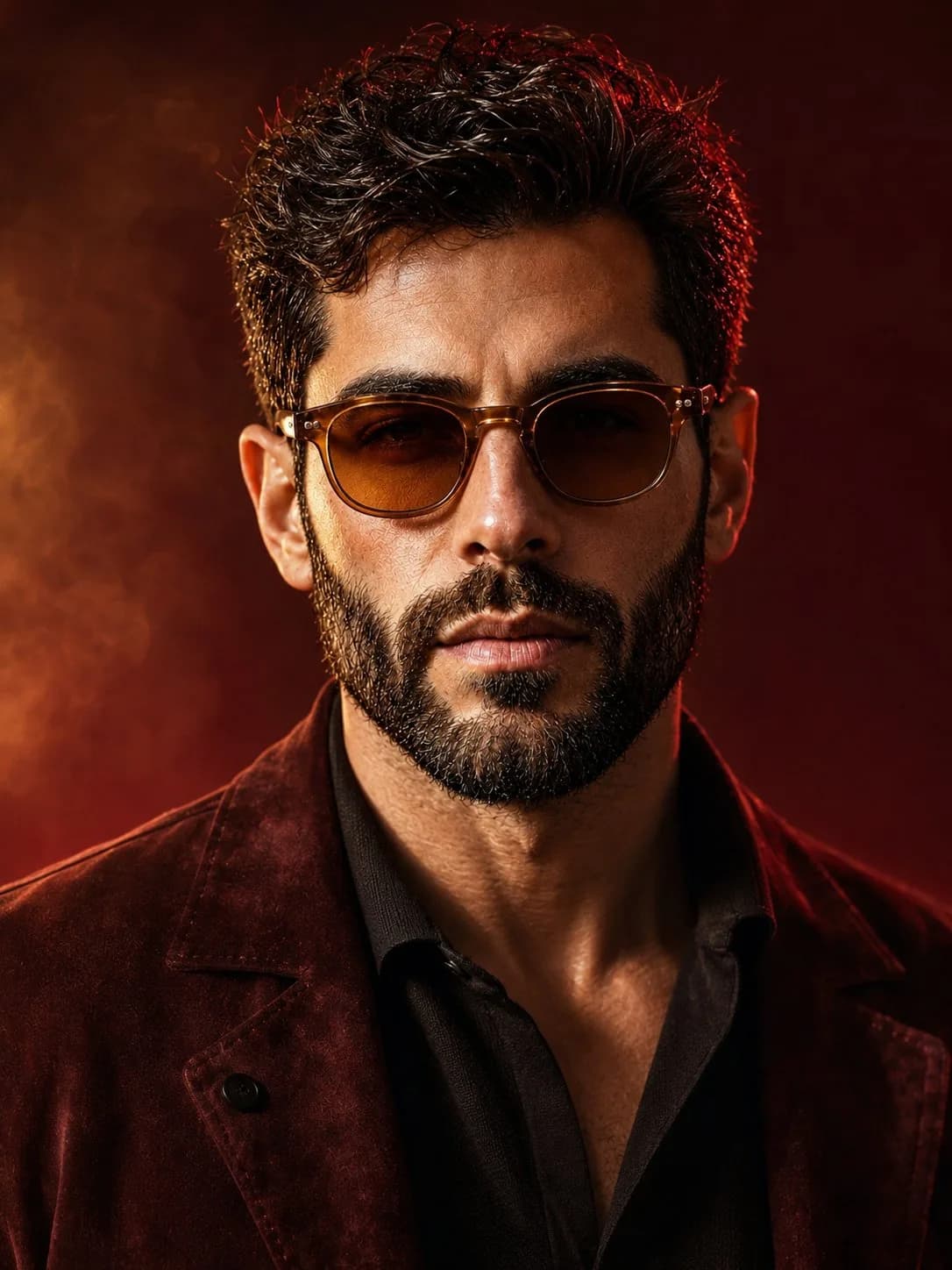 Cinematic Portrait of a Stylish Man in Burgundy Attire AI photo style example on PhotoReady