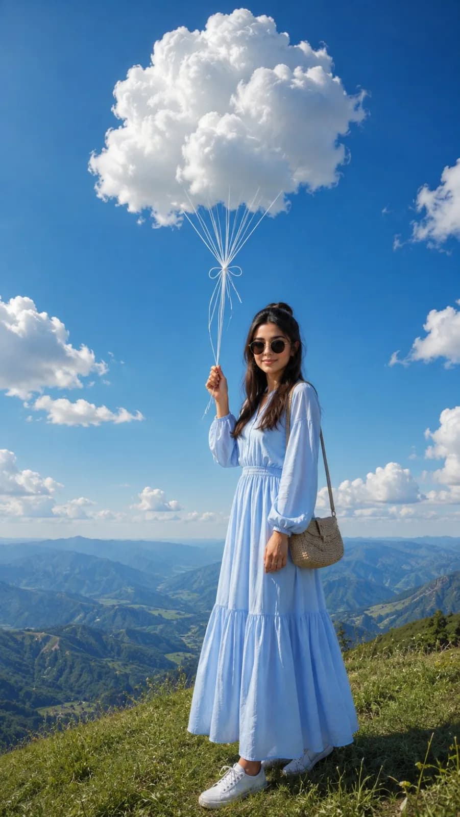 Dreamy Outdoor Fashion Portrait with Cloud Balloon AI photo style example on PhotoReady