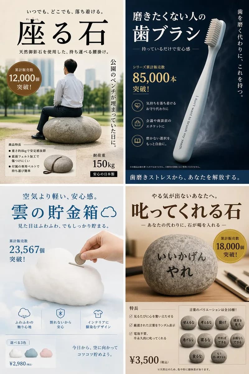 Satirical Quirky Japanese Inventions Ad Quad AI photo prompt example on PhotoReady