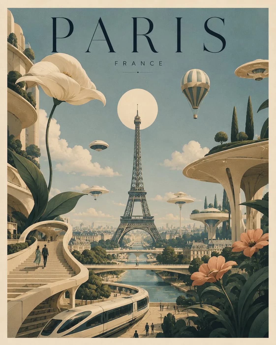 Dreamlike Futuristic City Editorial Art Poster AI photo style example on PhotoReady